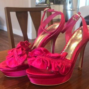 bebe Hot Pink Ruffle Satin Platform Heels